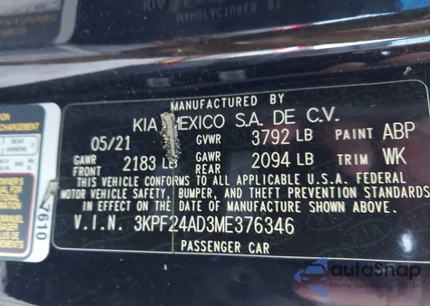 2021 Kia Forte Lxs из США, поврежденный, VIN 3KPF24AD3ME376346